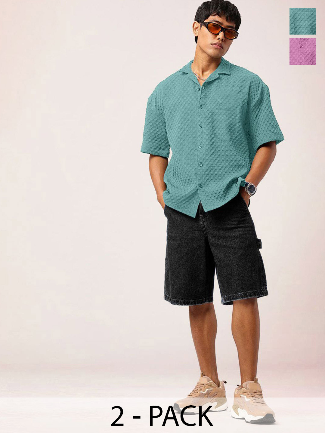 

Moda Rapido Men Pack Of 2 Standard Relaxed Fit Cutaway Collar Textured Casual Shirts, Green