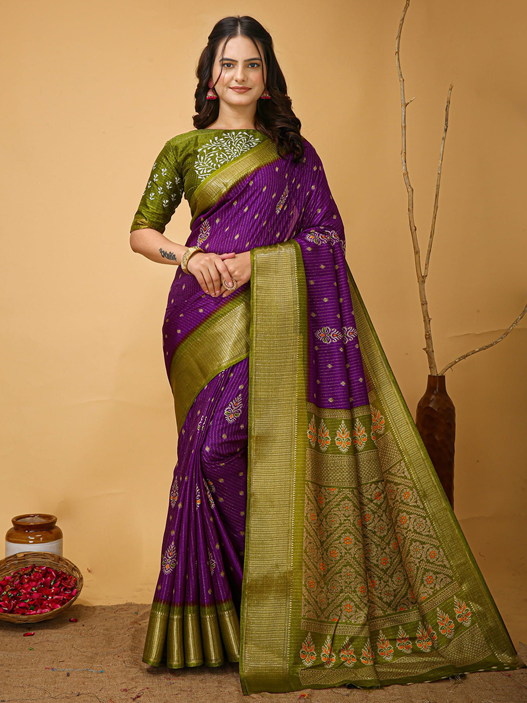 

KALINI Ethnic Motifs Zari Banarasi Saree, Purple