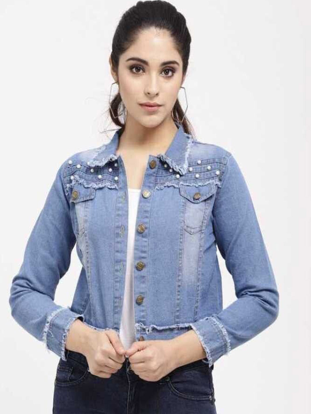 

KASHIAN Women Spread Collar Solid Casual Denim Jacket, Blue