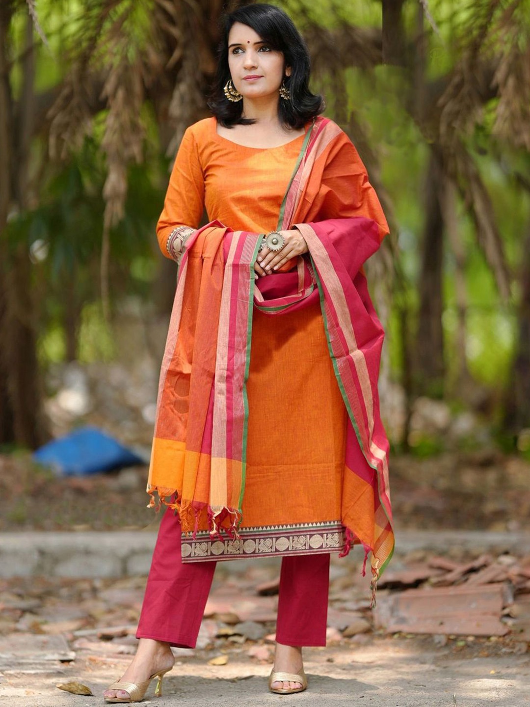 

GoSriKi Round Neck Straight Kurta With Trouser And Dupatta, Orange