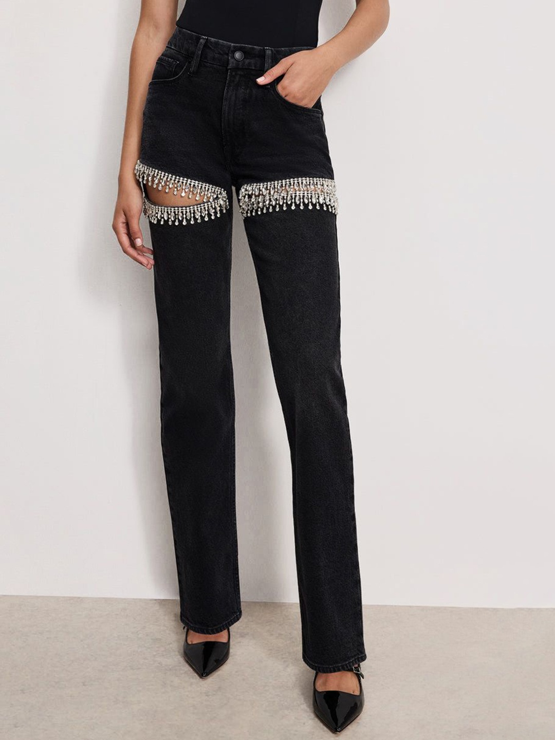 

Wear Your Words Women Charlotte- Rhinestone Embellished Cargo Jeans, Black