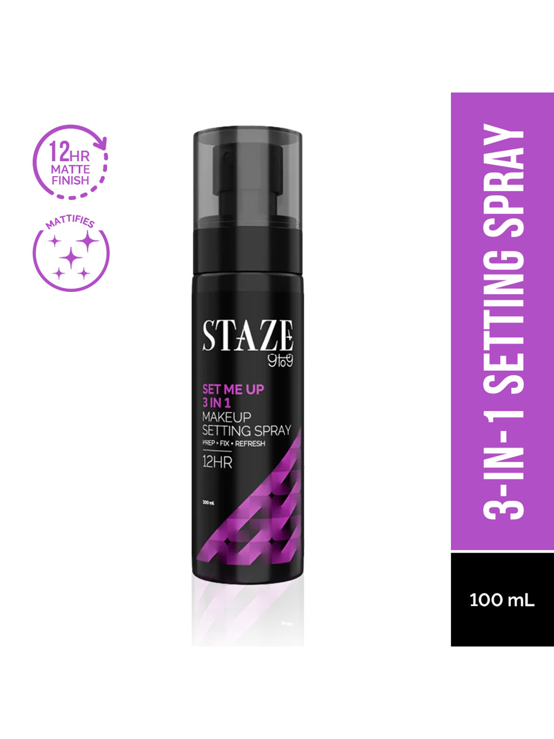 

STAZE 9to9 Set Me Up 3 In 1 Prep + Fix + Refresh Makeup Setting Spray - 100 ml, Black