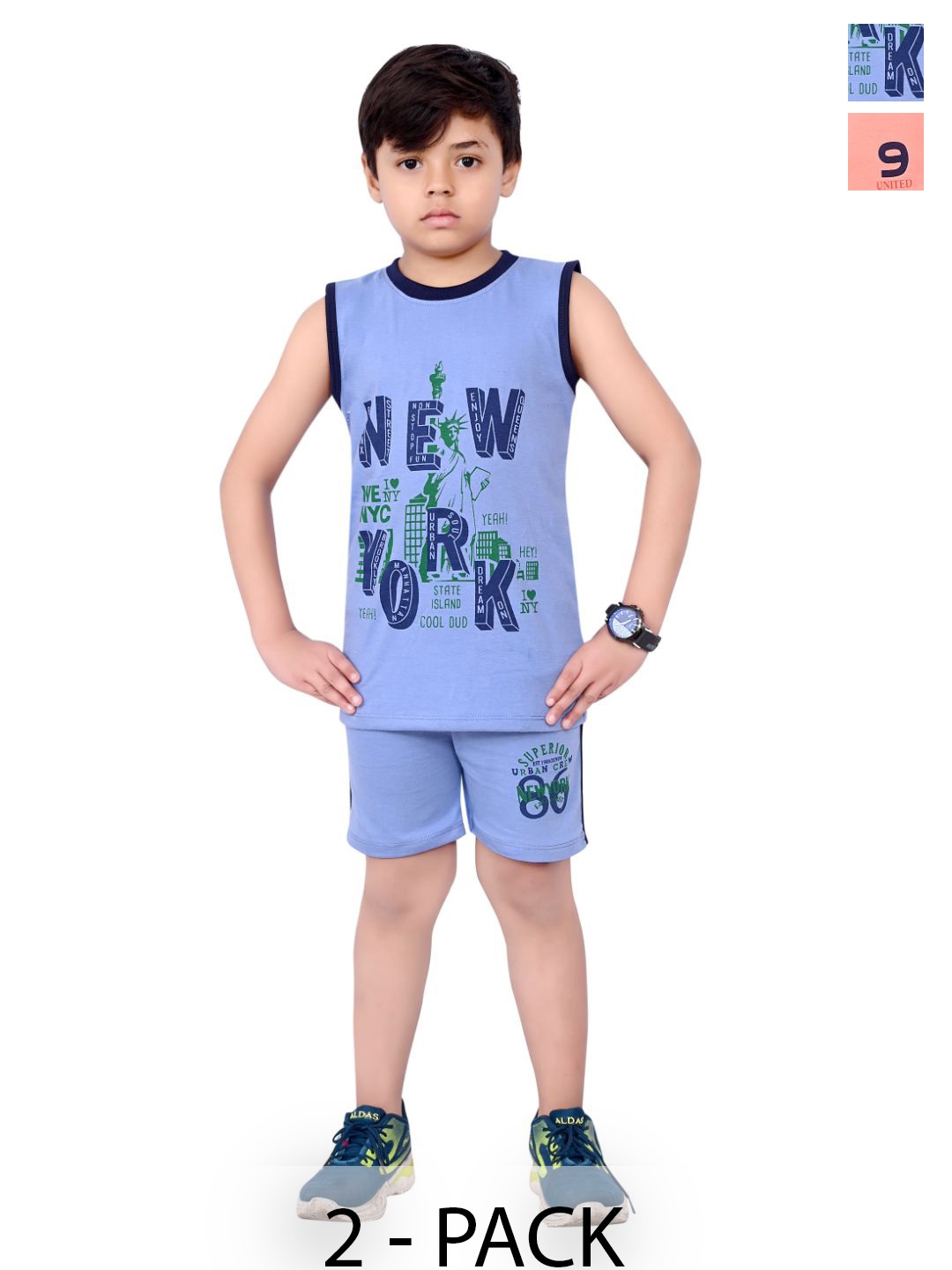 

INDIA FASHION FAB Boys Pack Of 2 Printed Pure Cotton T-shirt With Shorts, Blue