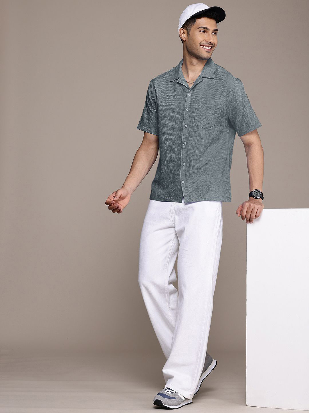 

Moda Rapido Men Standard Fit Cuban Collar Textured Casual Shirt, Grey