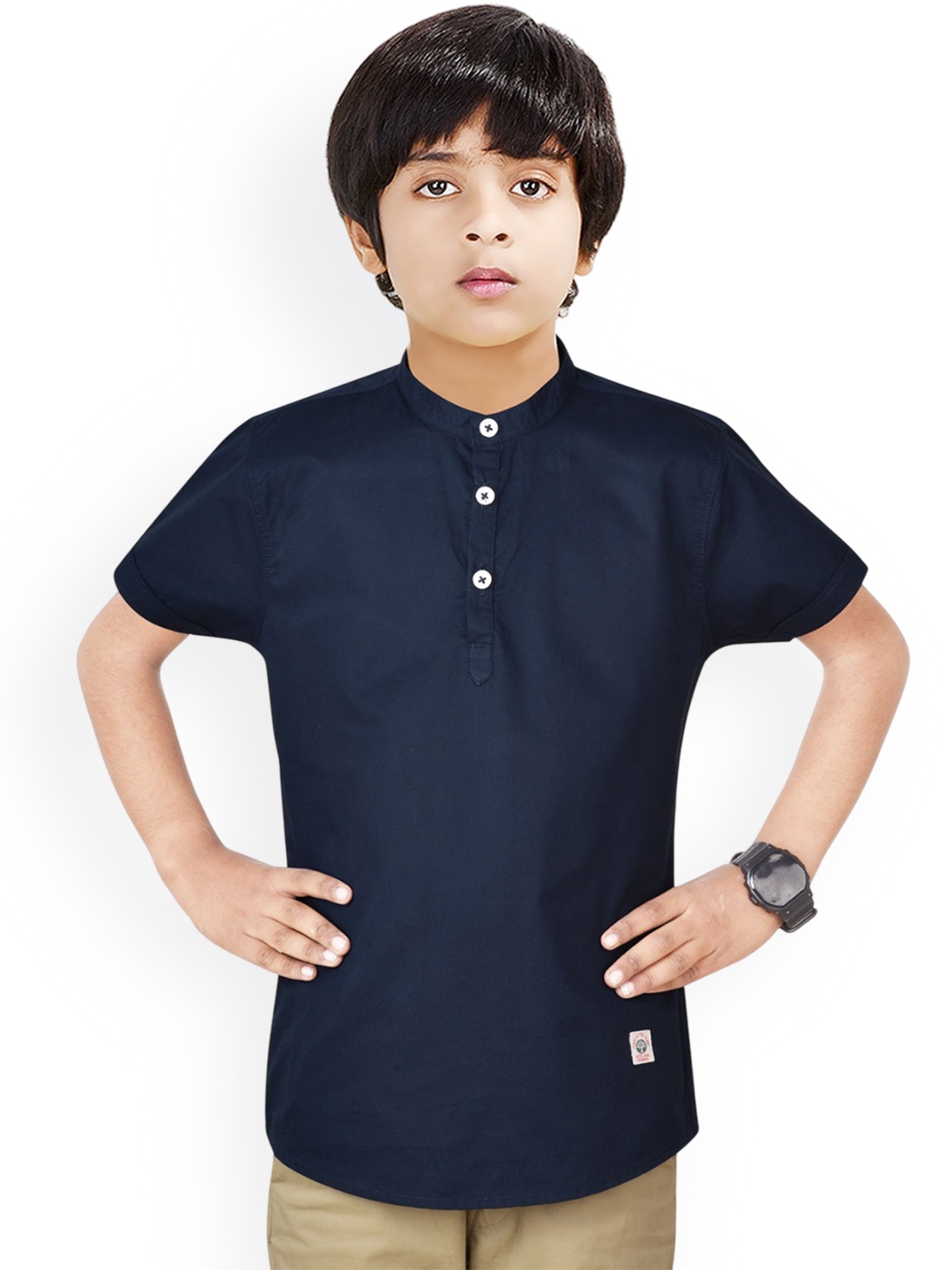 

MADE IN THE SHADE Boys Band Collar Pure Cotton Short Kurta, Navy blue