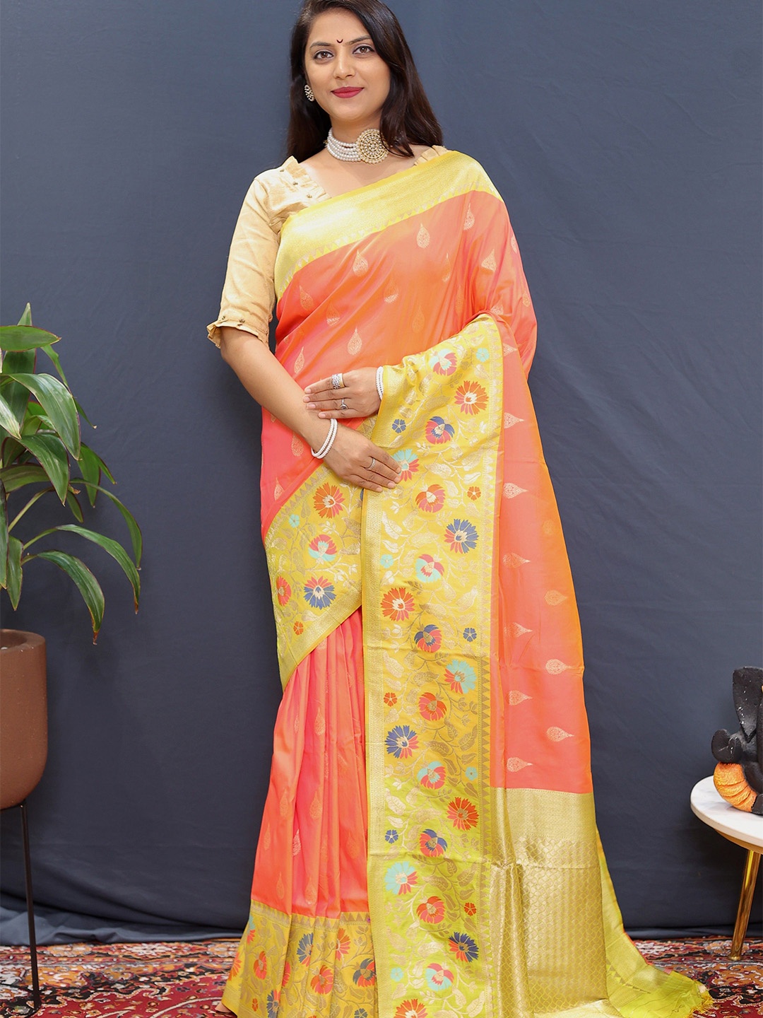 

Kandora Woven Design Zari Pure Silk Paithani Saree, Orange