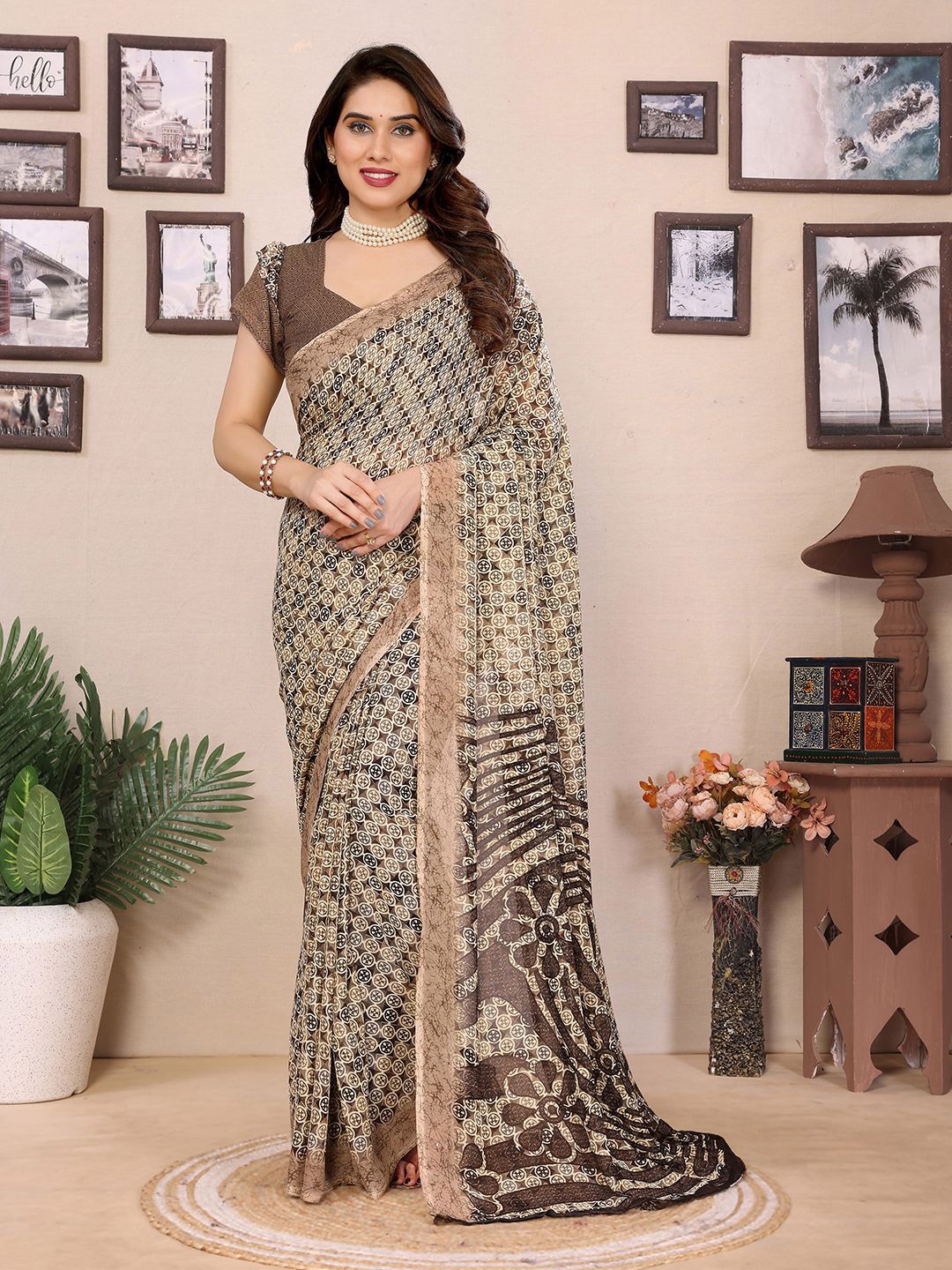 

Moda Rapido Ethnic Motifs Poly Georgette Saree, Brown