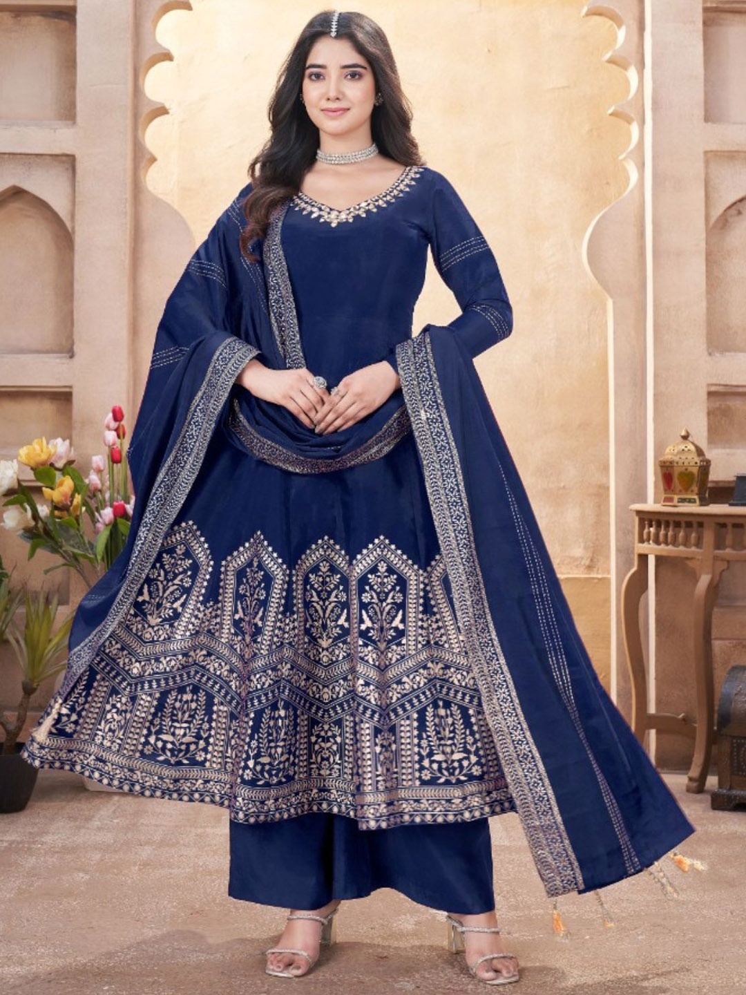 

ODETTE Ethnic Motifs Yoke Design Empire Kurta with Palazzos & Dupatta, Blue