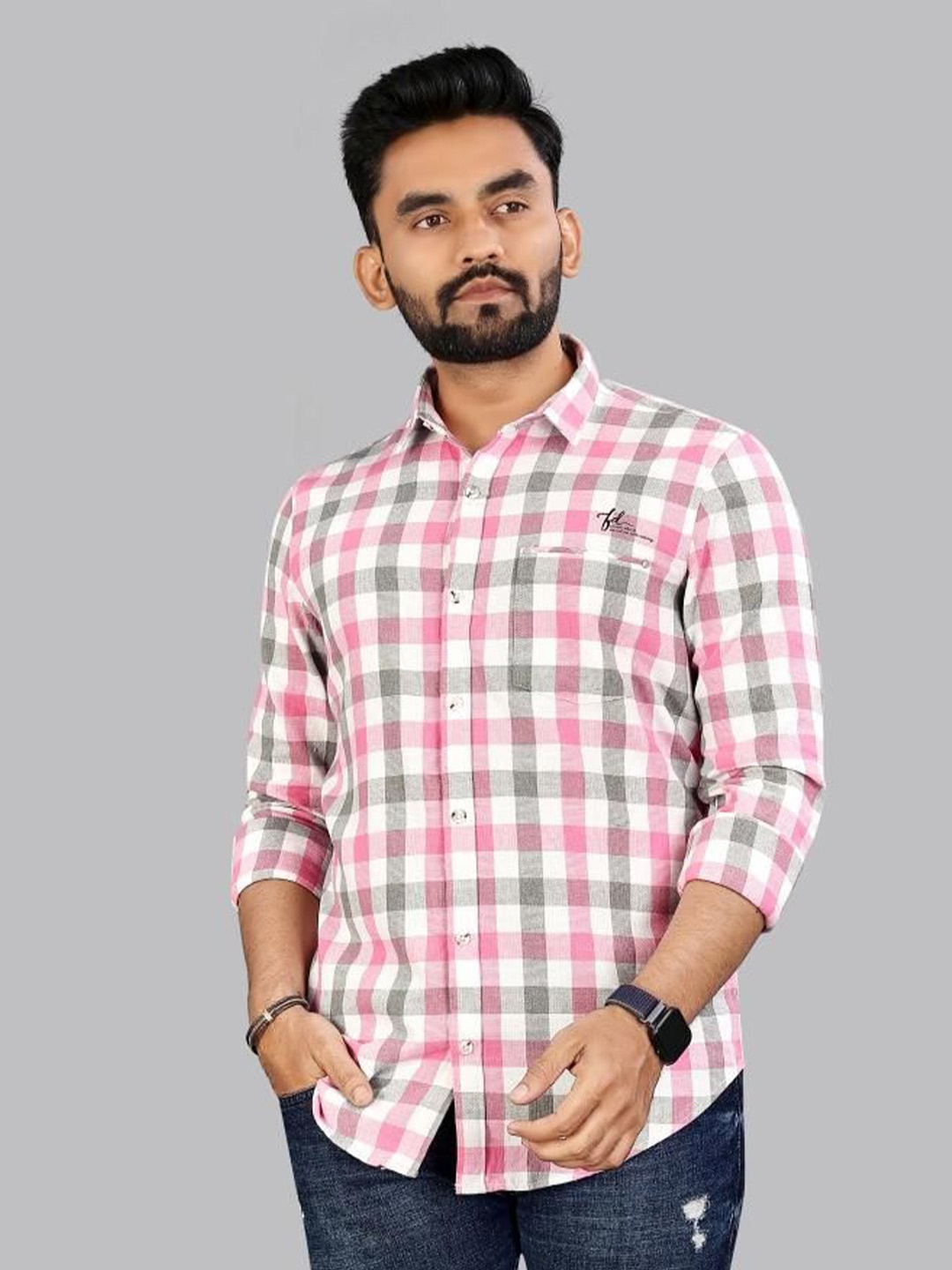 

Metronaut Men Classic Fit Spread Collar Gingham Checked Cotton Casual Shirt, Pink