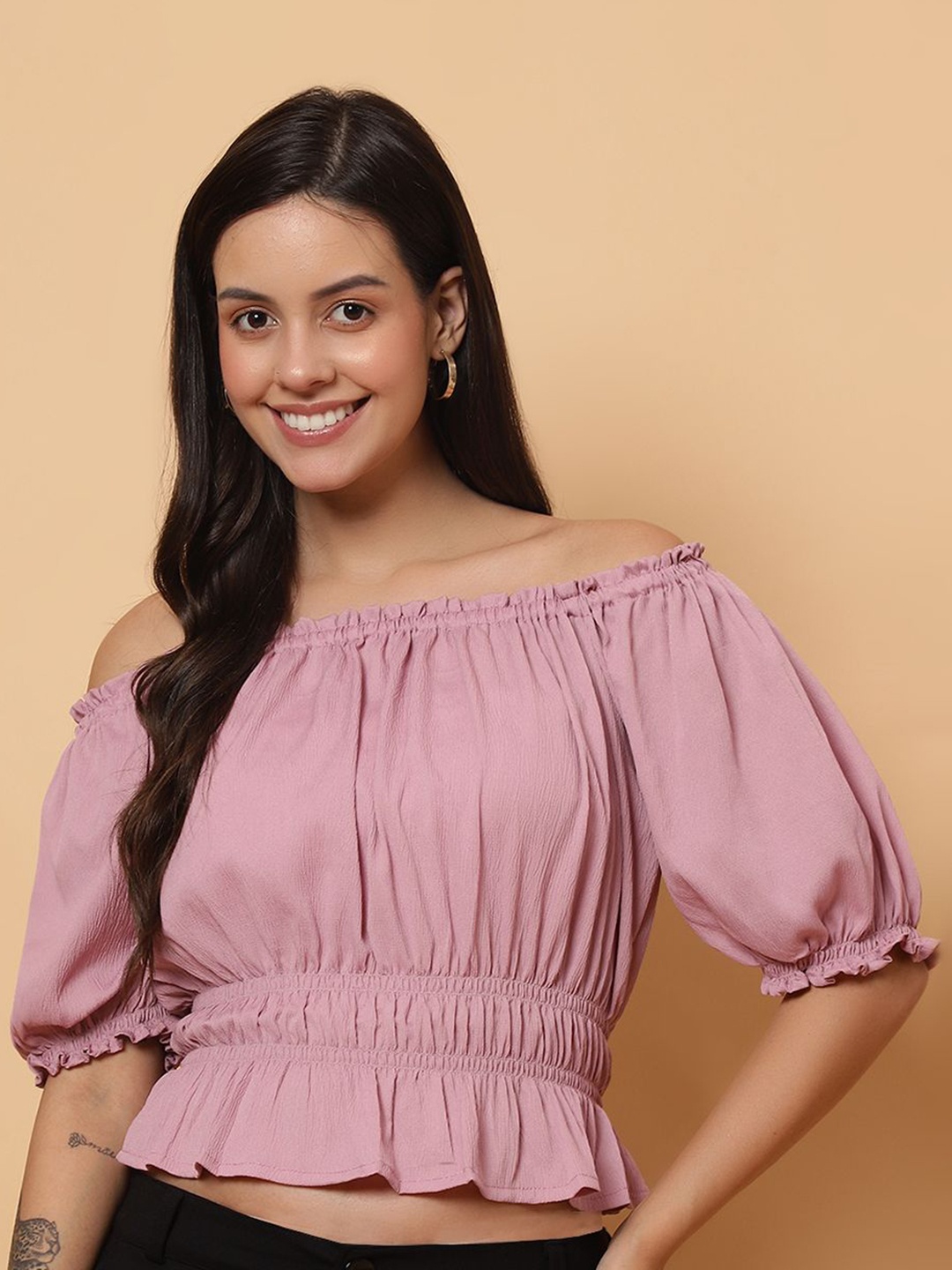 

ROSEMELON Off-Shoulder Puff Sleeve Crepe Bardot Crop Top, Pink