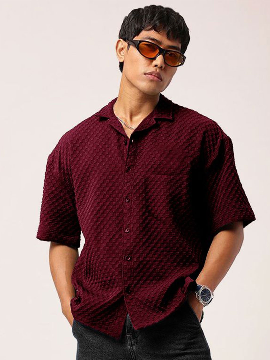 

Moda Rapido Men Standard Fit Cuban Collar Textured Casual Shirt, Maroon