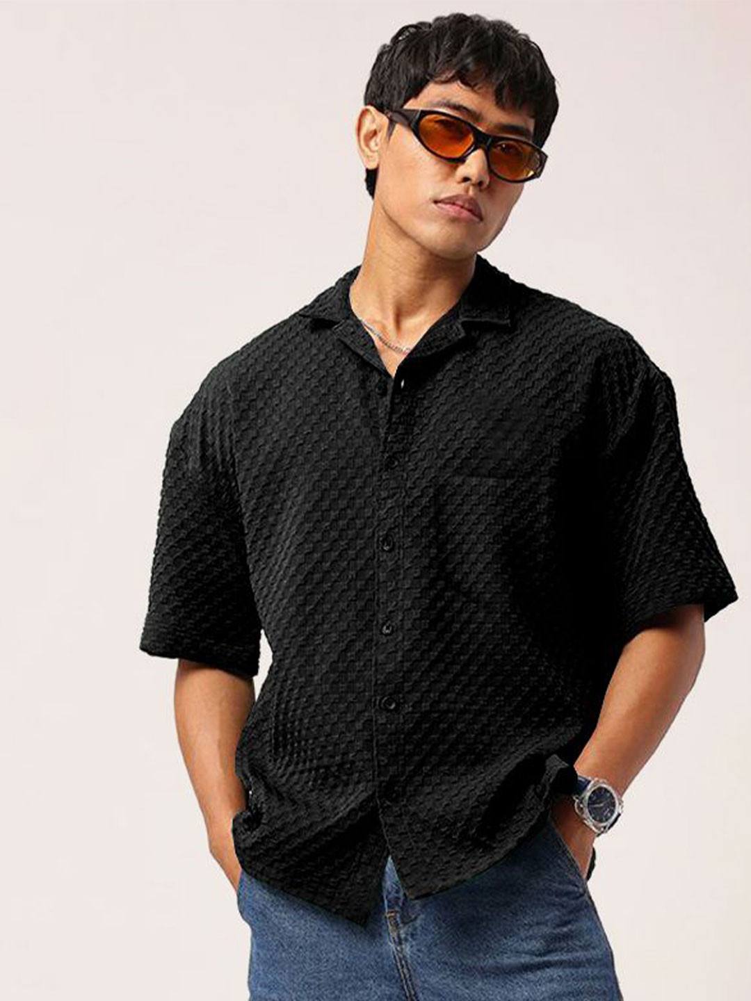 

Moda Rapido Men Standard Relaxed Fit Cuban Collar Textured Casual Shirt, Black