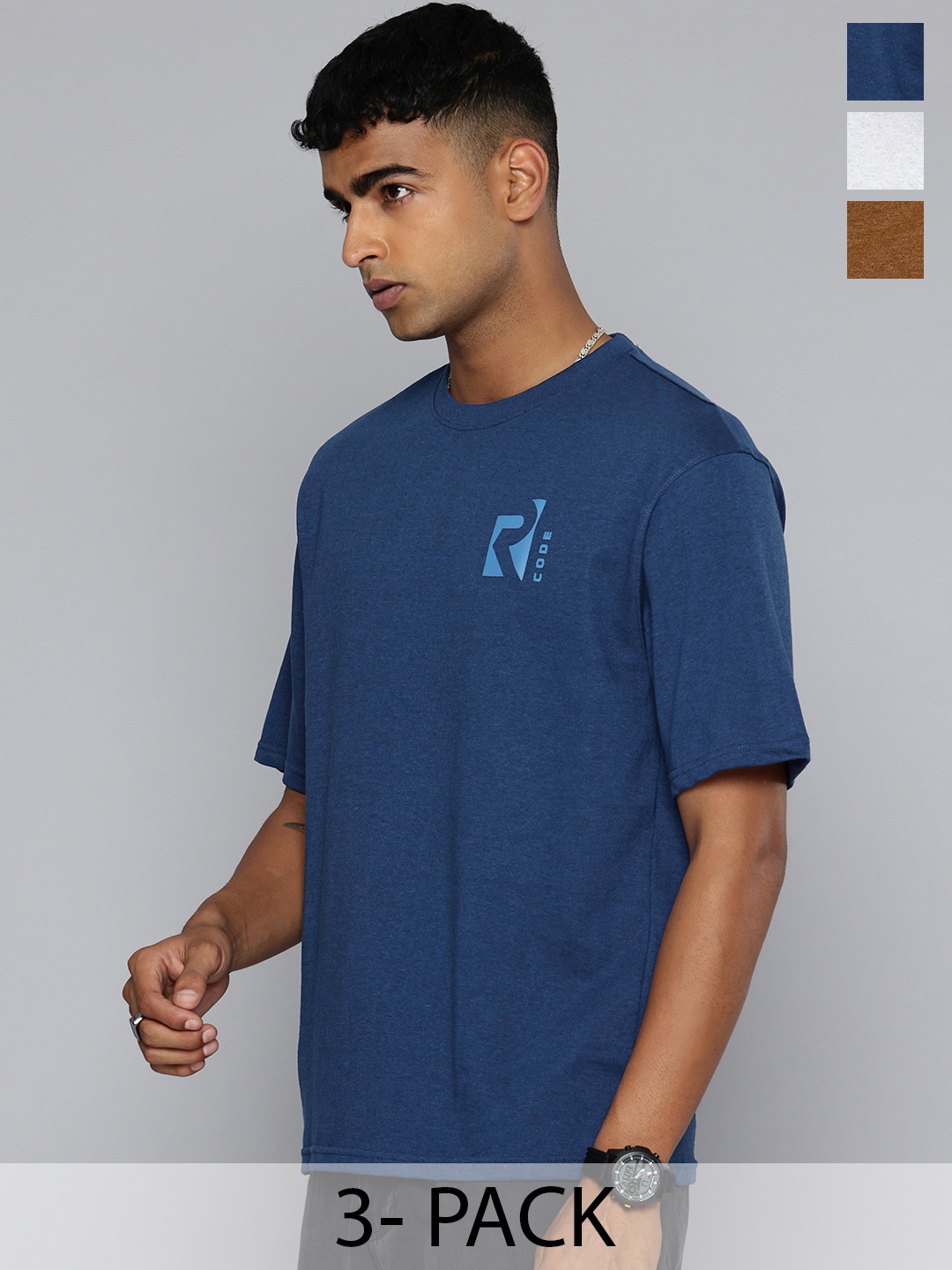 

R.Code by The Roadster Lifestyle Co. Men Pack Of 3 Solid Cotton Relaxed Fit T-shirts, Blue