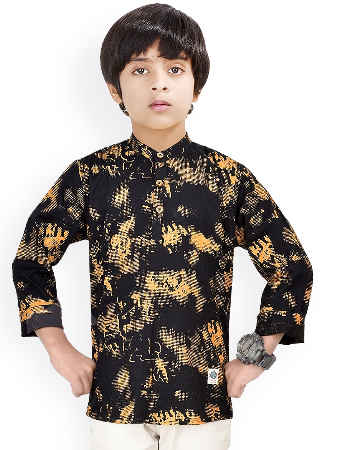 

MADE IN THE SHADE Boys Abstract Printed Band Collar Pure Cotton Kurta, Black