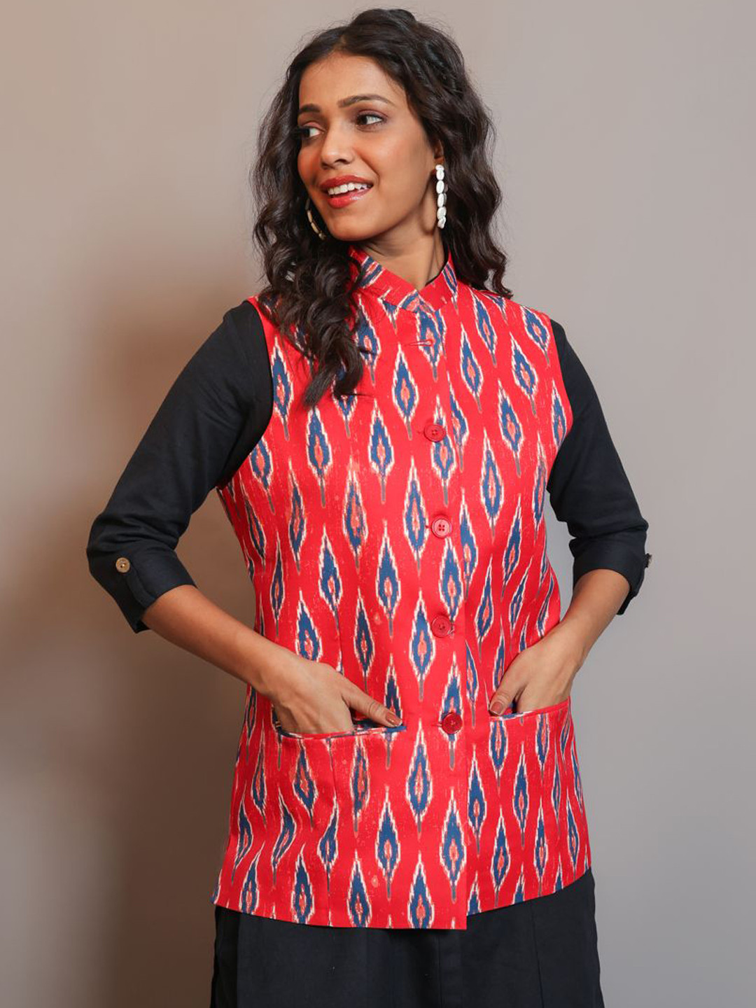 

KALINI Women Printed Nehru Jacket, Red
