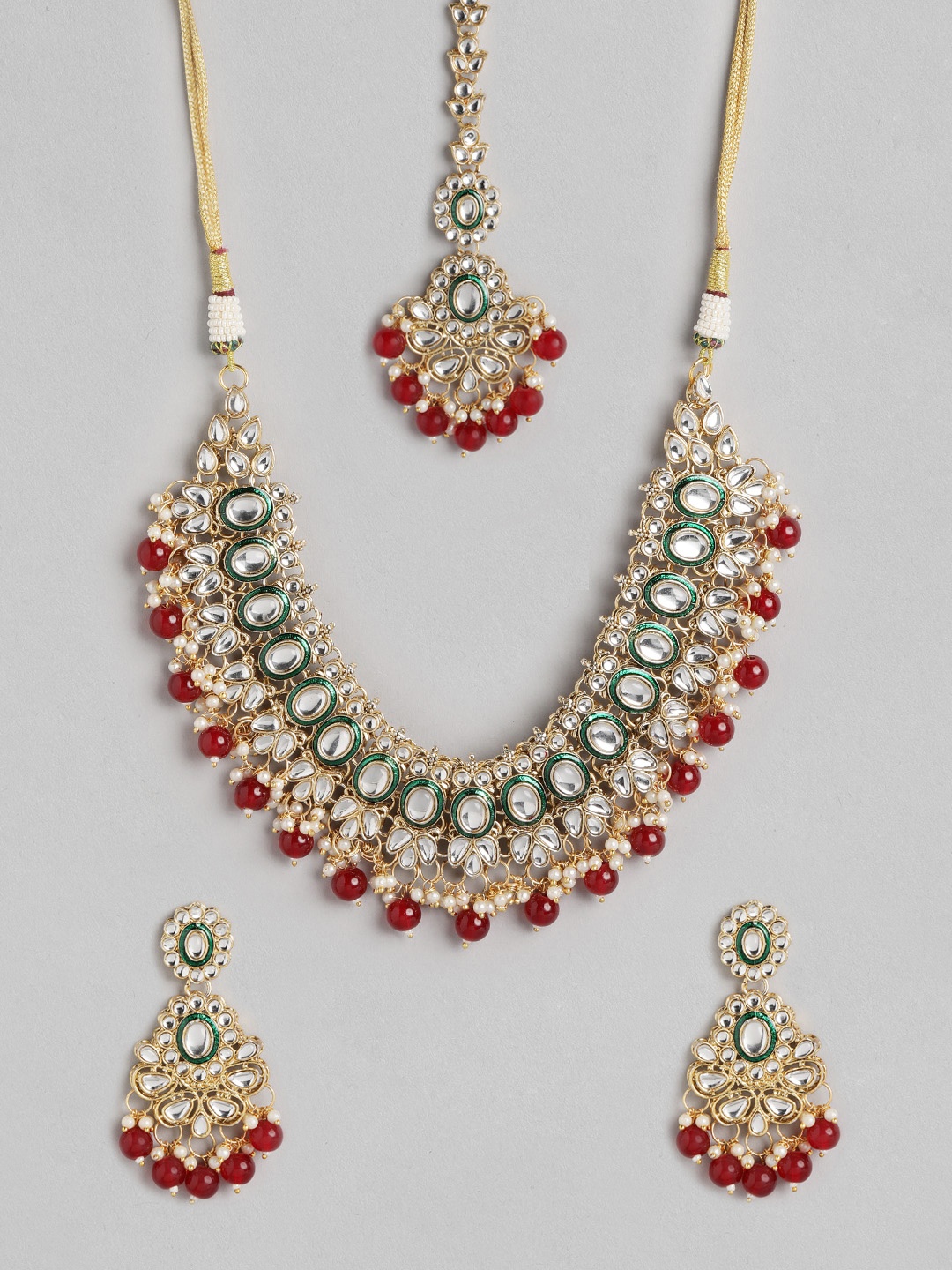 

MANSIYAORANGE Super Premium Luxe 22K Gold-Plated Kundan & Beaded Jewellery Set, Red