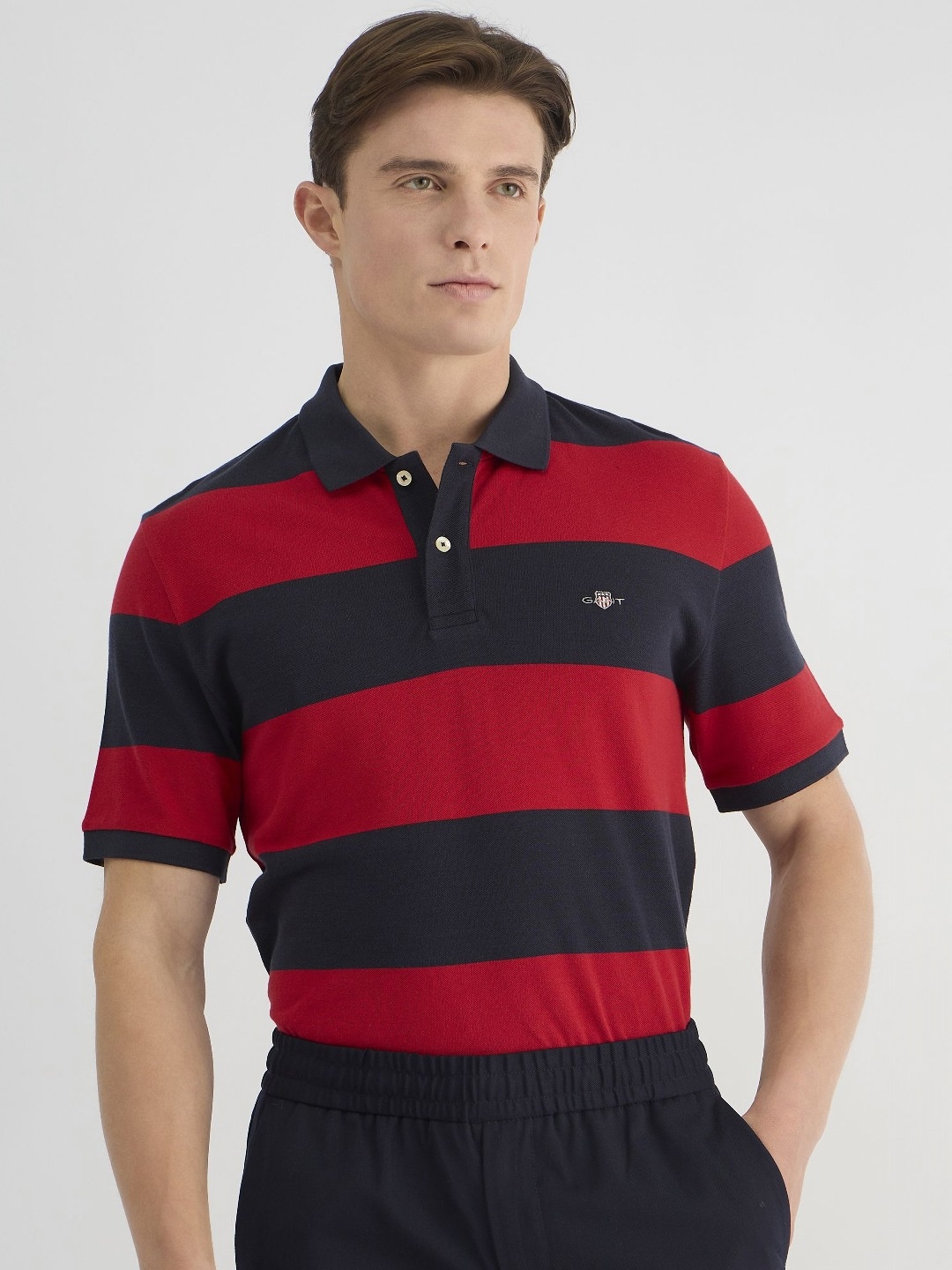

GANT Men Striped Polo Collar Cotton T-shirt, Red