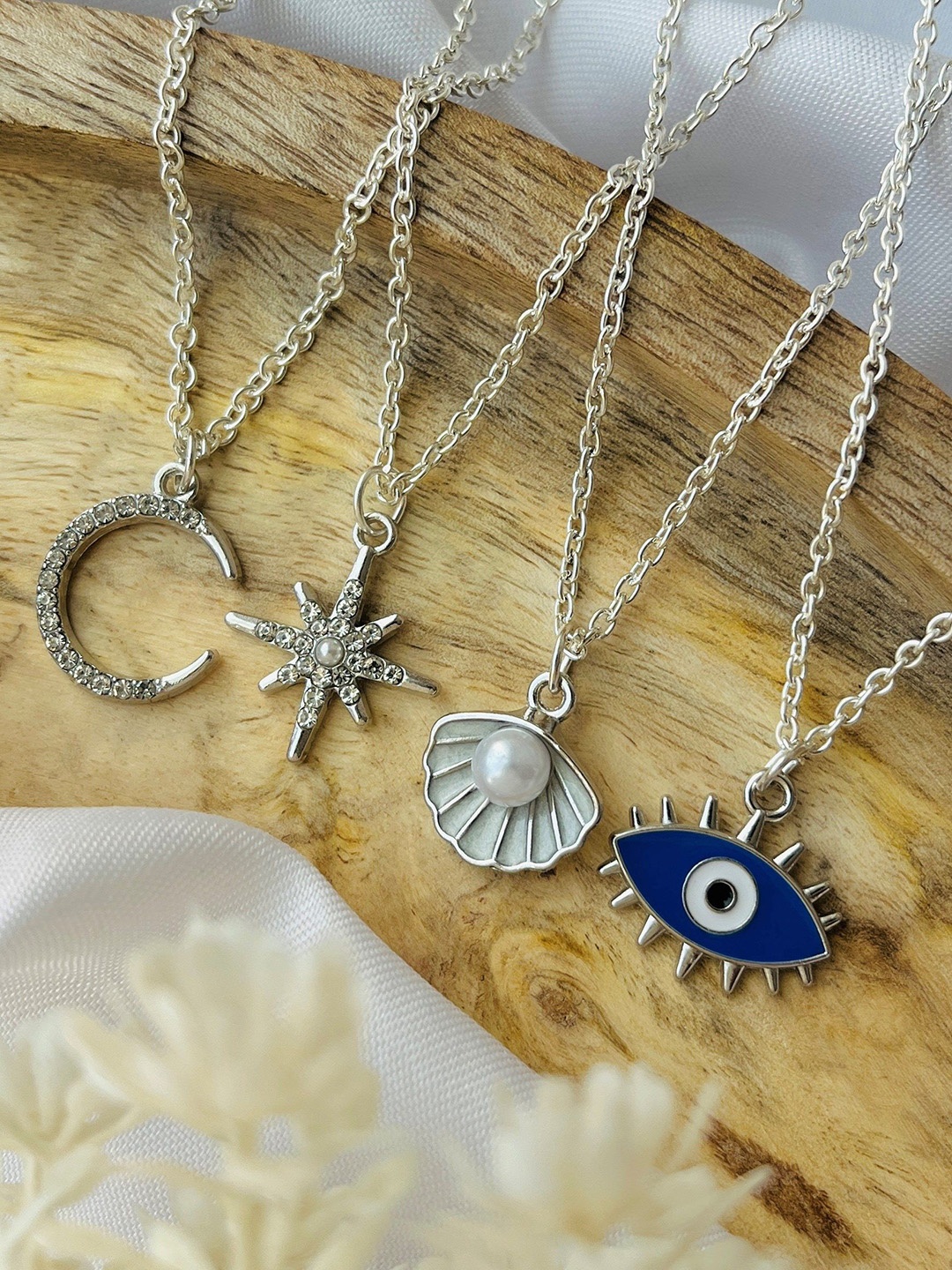 

Jewelsbysirani Korean Set Of 4 Silver-Plated Artificial Stones Studded and Beaded Pendants