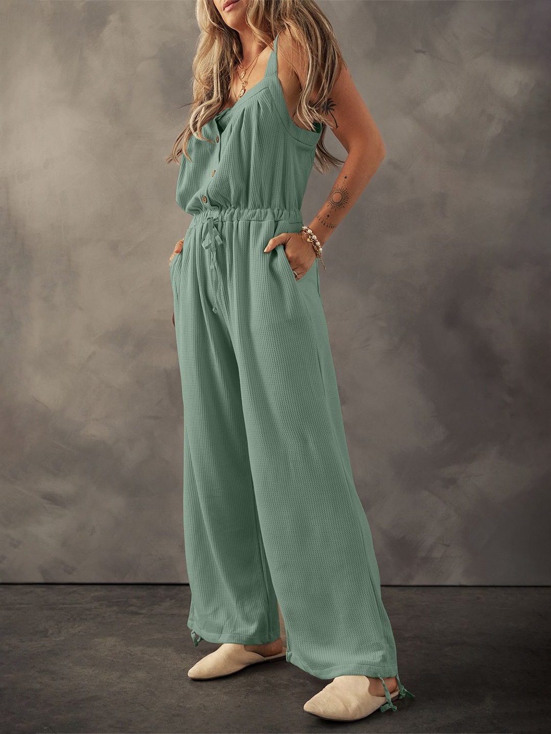 

Errabelly Moss Green Knotted Straps Button Textured Drawstring Jumpsuit