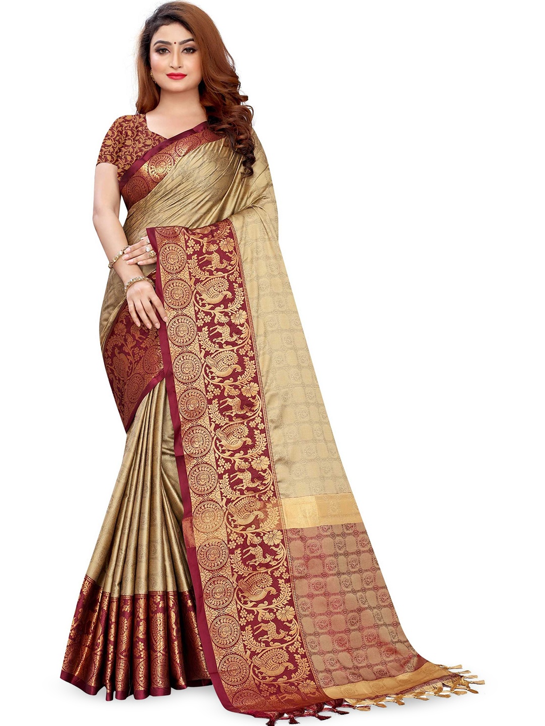 

Moda Rapido Woven Design Zari Art Silk Kanjeevaram Saree, Cream