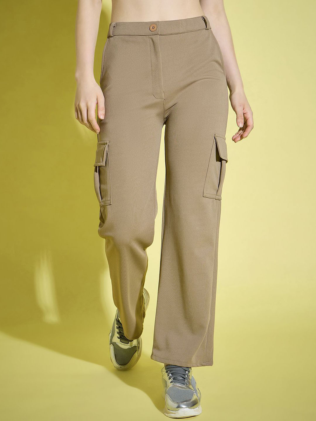 

BUY NEW TREND Women Relaxed High-Rise Flat-Front Cargo Trousers, Beige