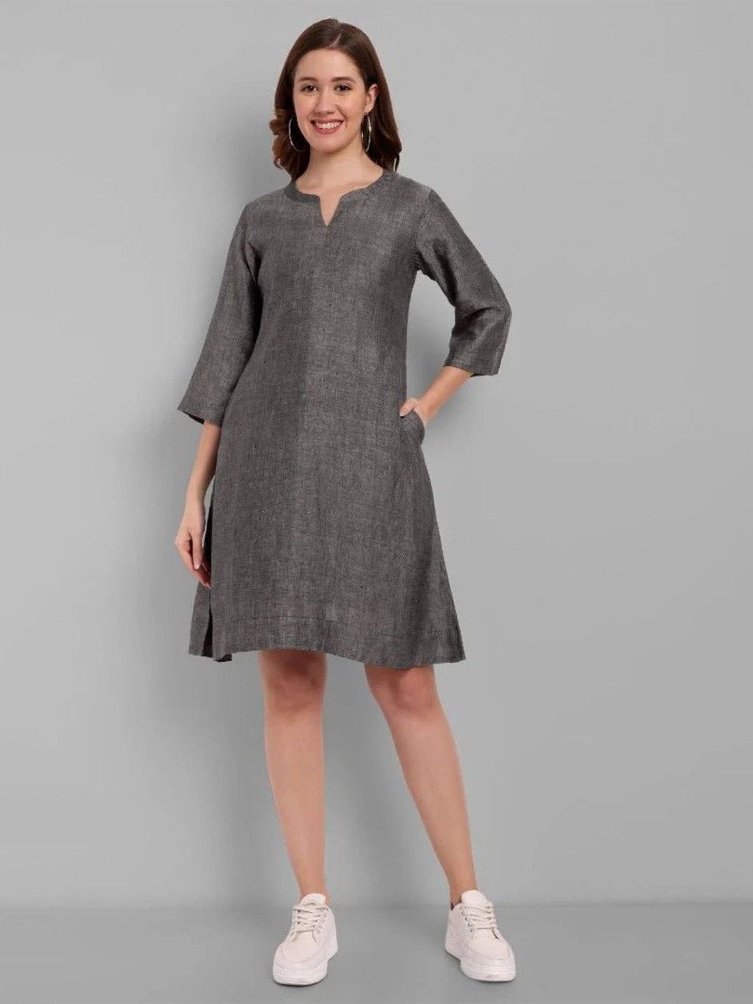 

Mera Rang Women Round Neck A-Line Knee Length Dress, Grey