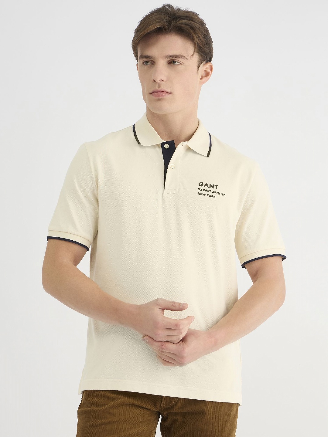 

GANT Men Typography Printed Polo Collar Cotton T-shirt, Cream
