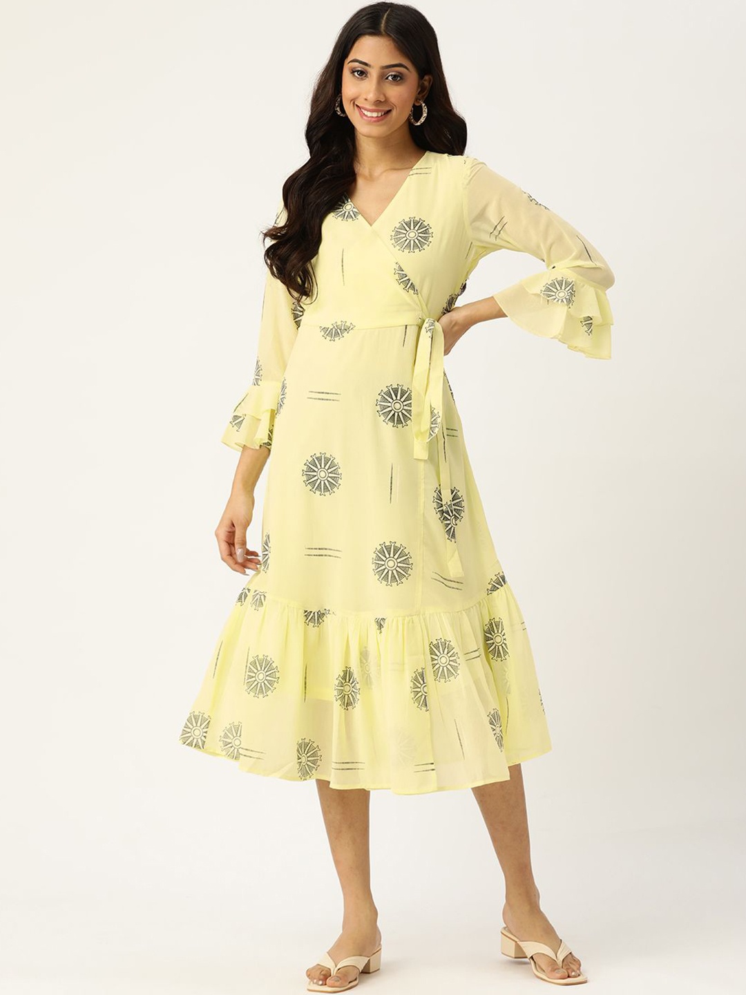 

Chemistry Women Printed Bell Sleeve Georgette Wrap Midi Dress, Yellow