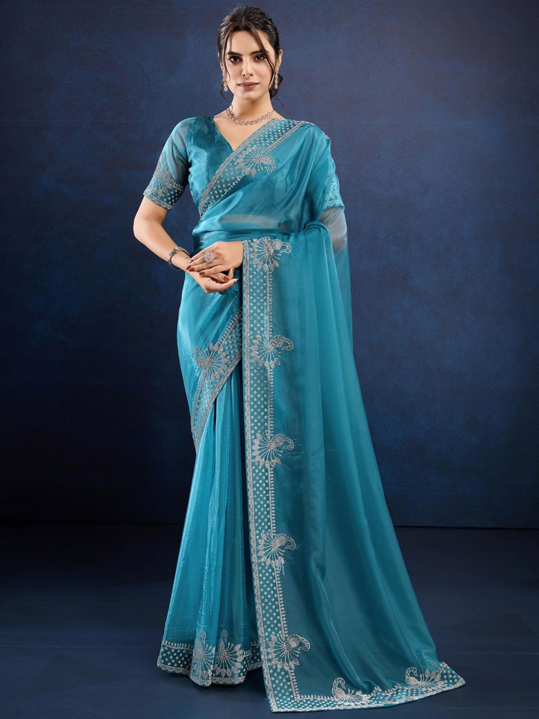 

Meena Bazaar Ethnic Motifs Beads and Stones Organza Saree, Teal