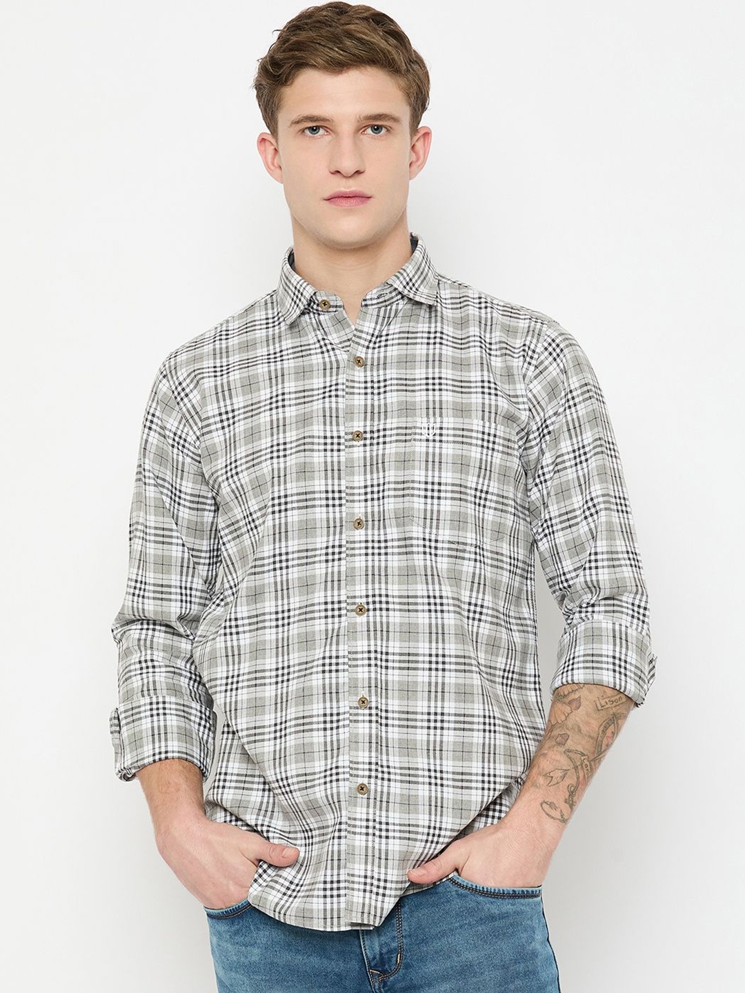 

Duke Men Slim Fit Spread Collar Tartan Checked Cotton Casual Shirt, Grey