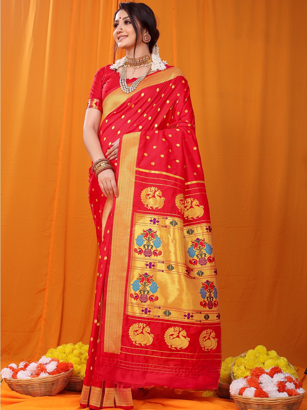 

Kandora Woven Design Zari Pure Silk Paithani Saree, Red