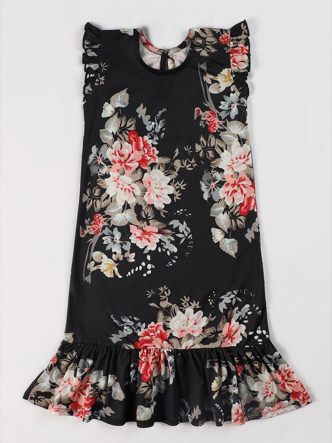 

YK Floral Print Flutter Sleeve Crepe Fit & Flare Dress, Black