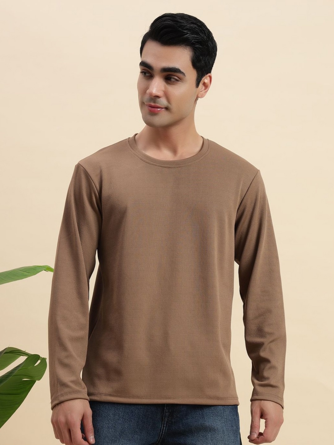 

DIZON Men Solid Round Neck T-shirt, Brown