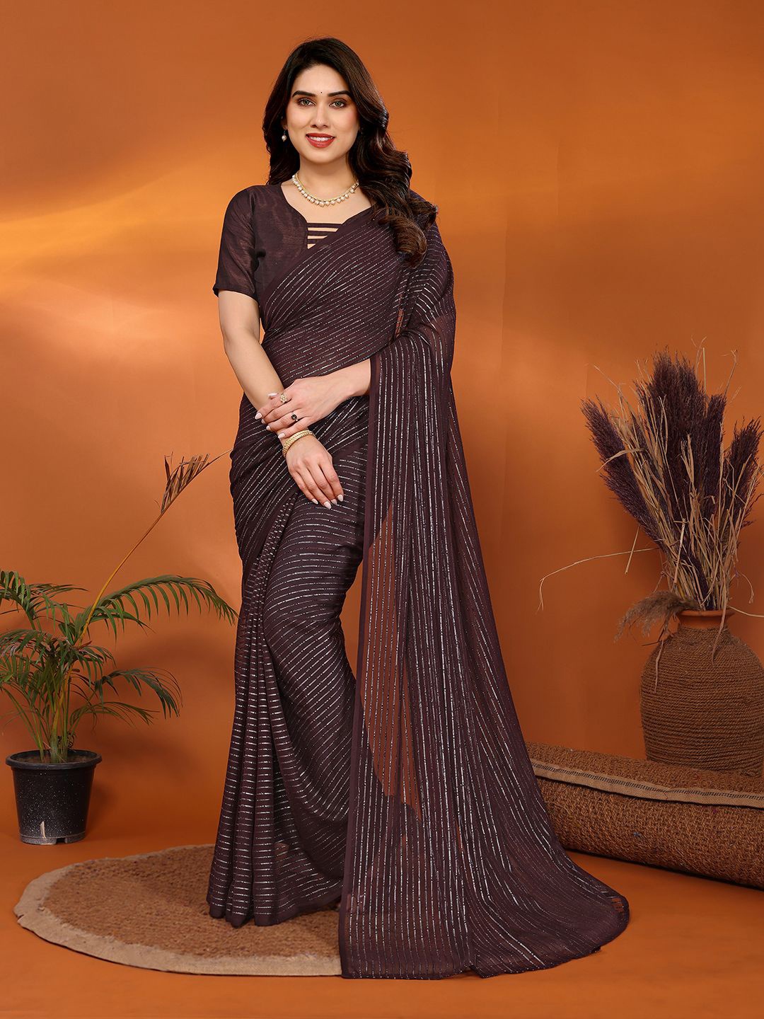 

Moda Rapido Striped Woven Georgette Saree With Unstitched Blouse Piece, Brown