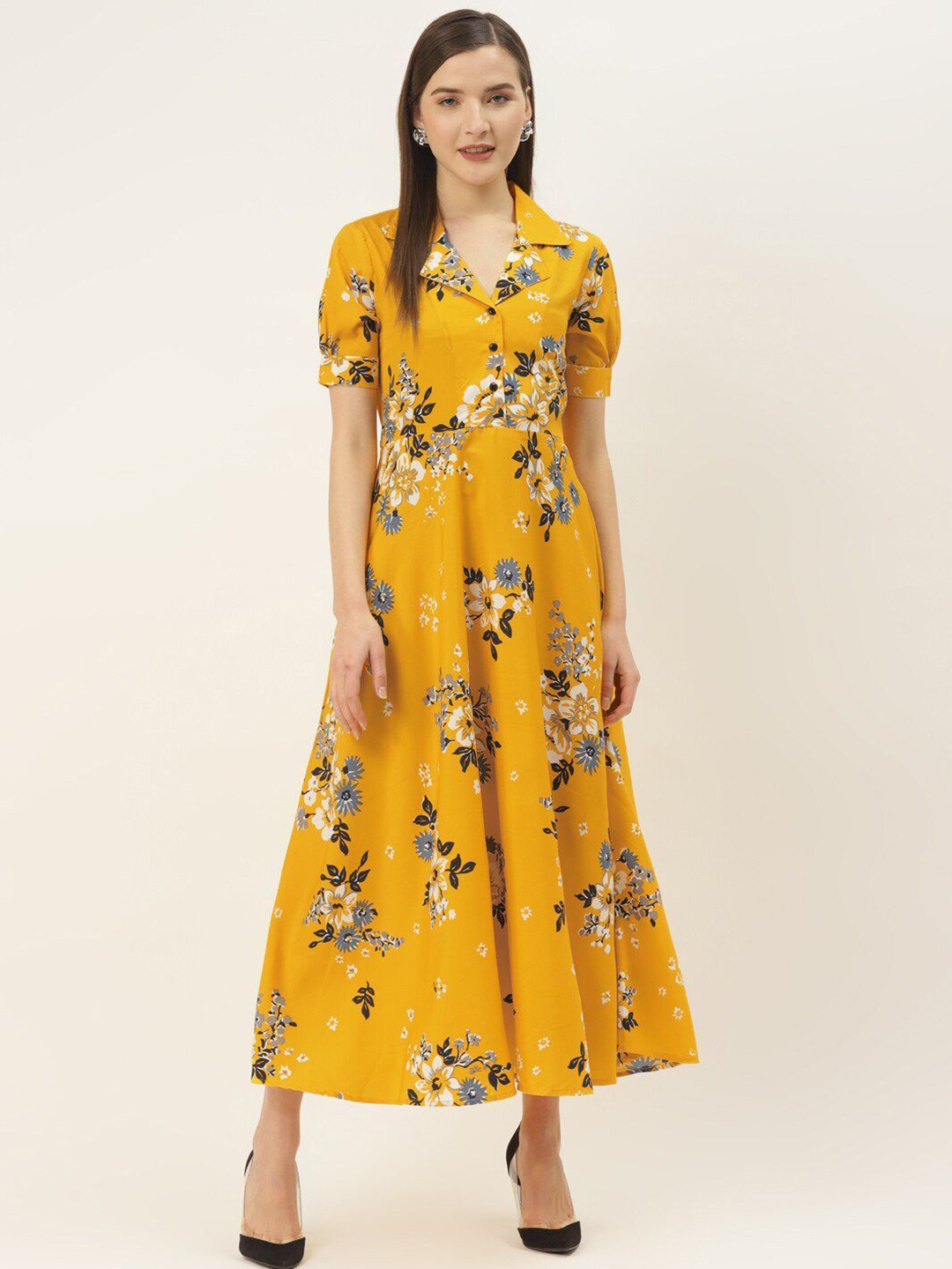 

DressBerry Floral Printed Lapel Collar Fit & Flare Maxi Dress, Yellow