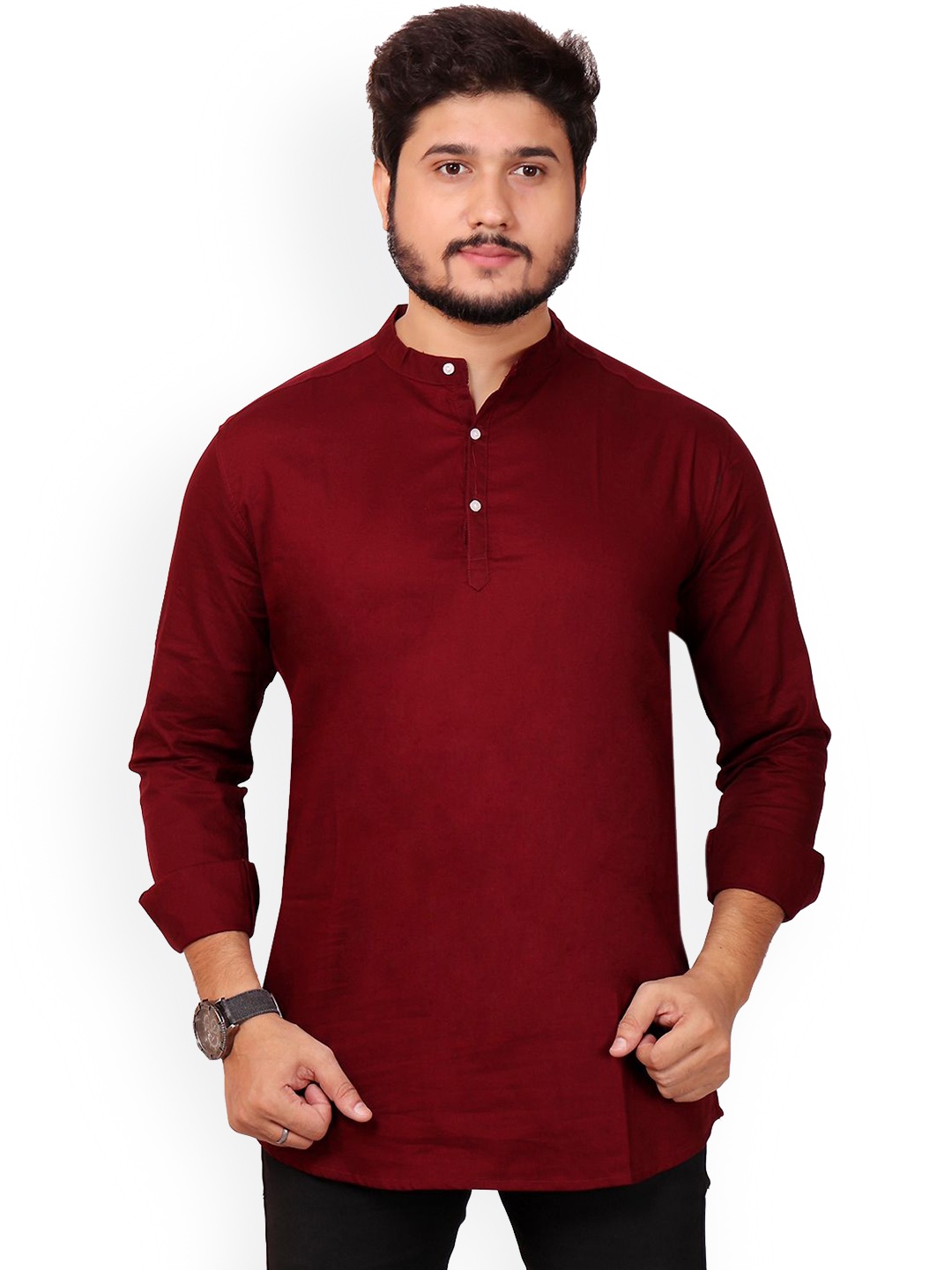 

MADE IN THE SHADE Band Collar Pure Cotton Straight Kurta, Maroon
