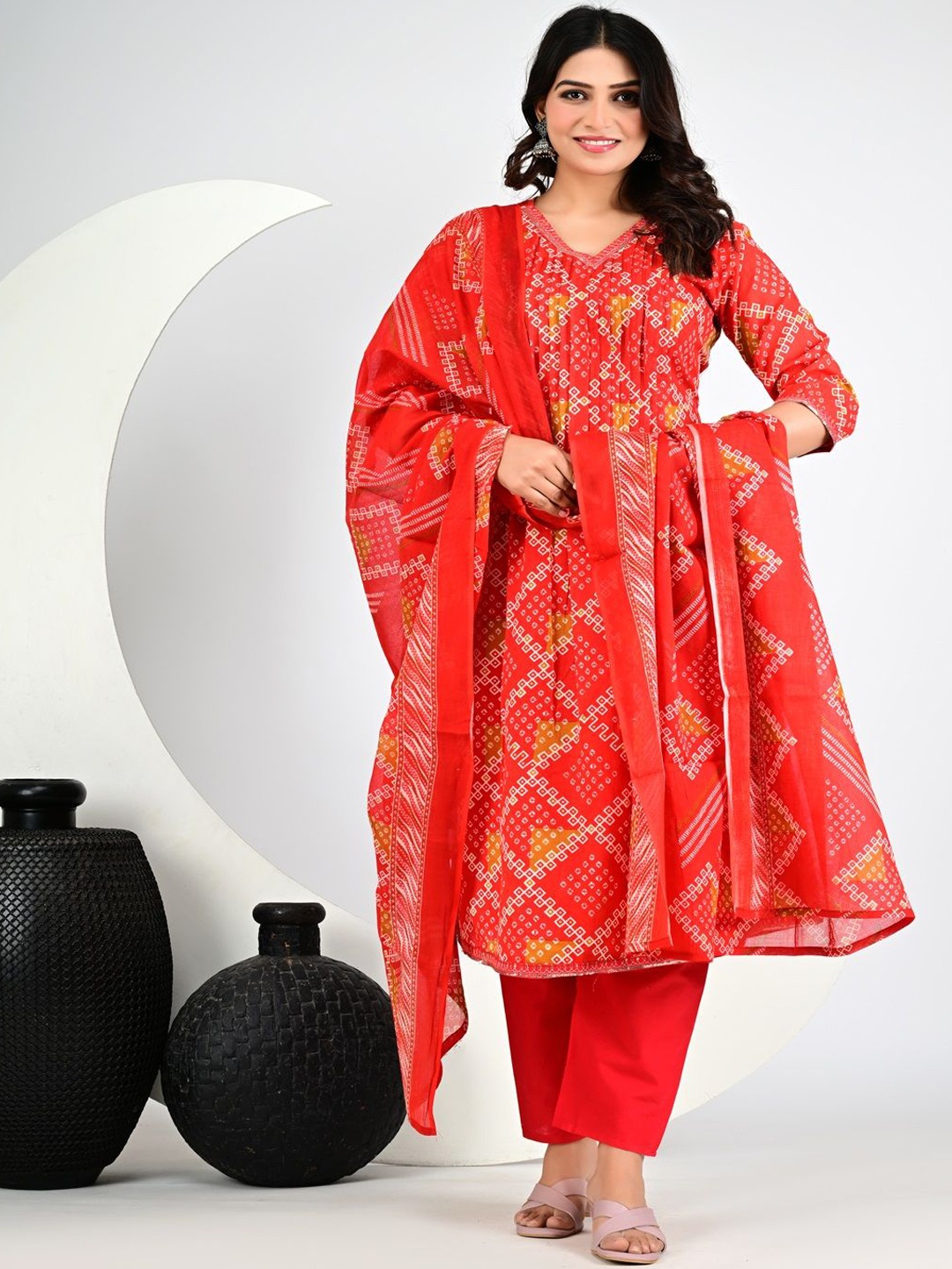 

Divsy Fashion Bandhani Printed V-Neck Pleated A-Line Kurta With Trouser And Dupatta, Red