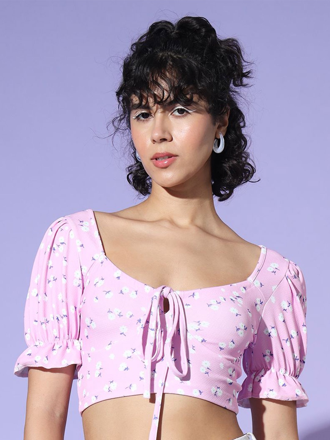 

CORSICA Print Sweetheart Neck Puff Sleeve Crop Top, Pink