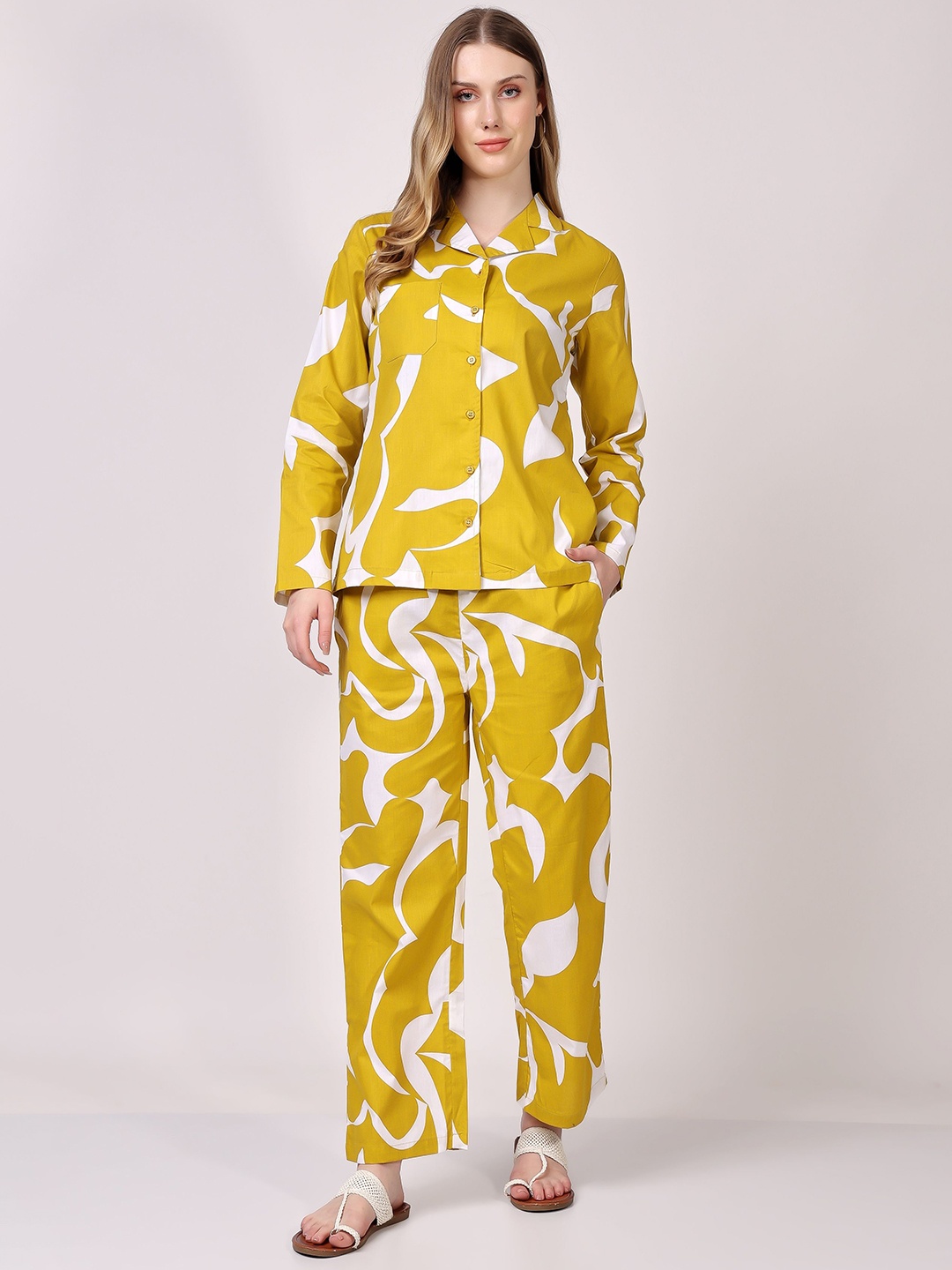 

London Hills Printed Pure Cotton Shirt Collar Shirt With Palazzo, Mustard