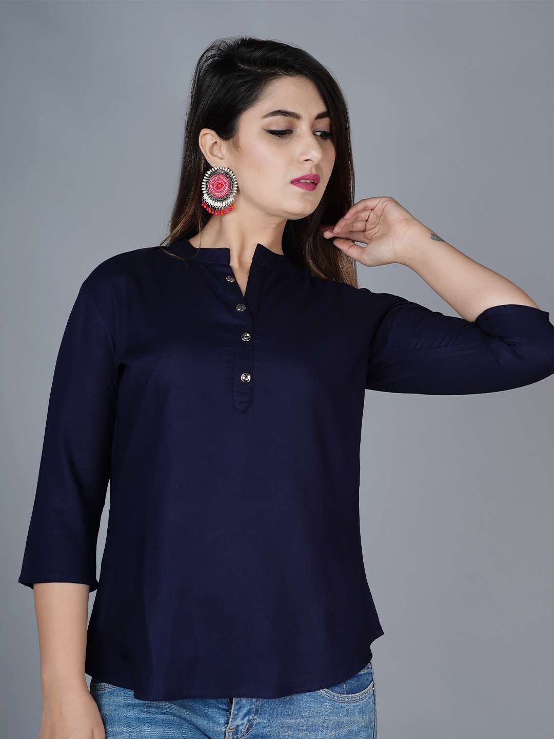 

Brijam Mandarin Collar Shirt Style Top, Blue