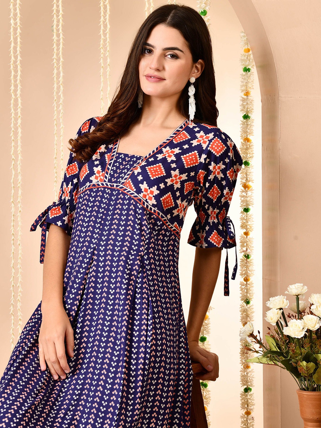 

CRENOL THREADS Women Geometric Printed Square Neck Bell Sleeves Cotton Empire Dress, Purple