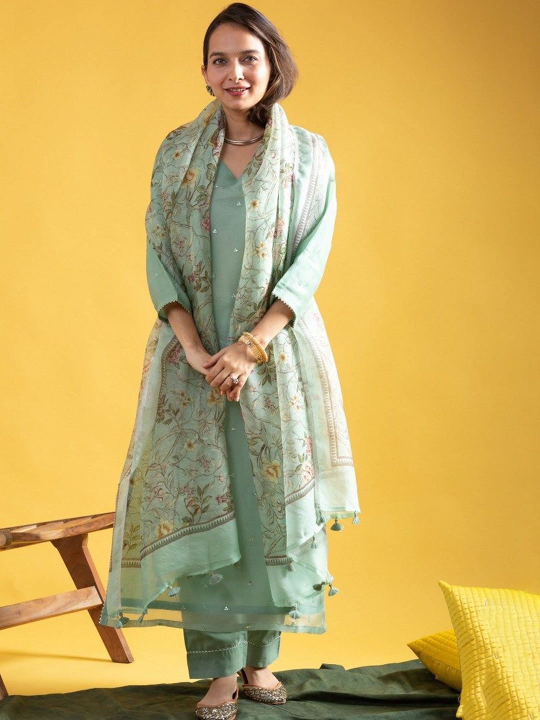 

Shatanuvart Export Floral Embroidered Mirror Work V-Neck Kurta with Palazzos & Dupatta, Olive