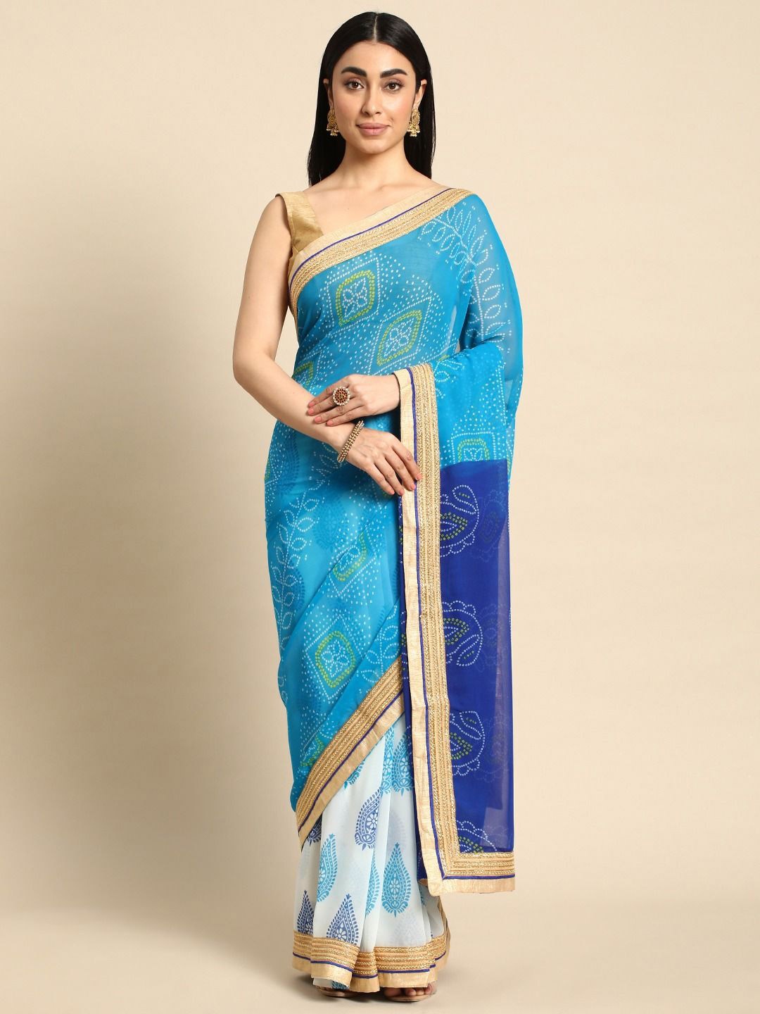 

DIVASTRI Bandhani Poly Georgette Bandhani Saree, Blue