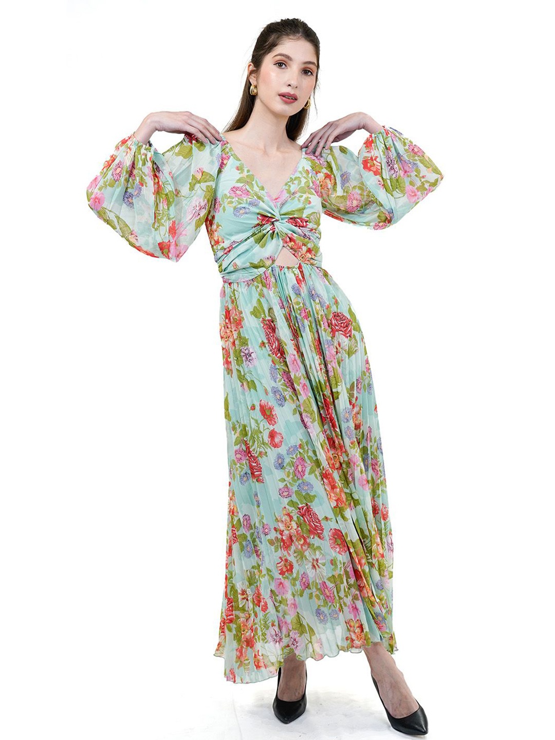 

COSMIC TRIO Women Floral Printed Bishop Sleeve Fit & Flare Midi Dress, Sea green