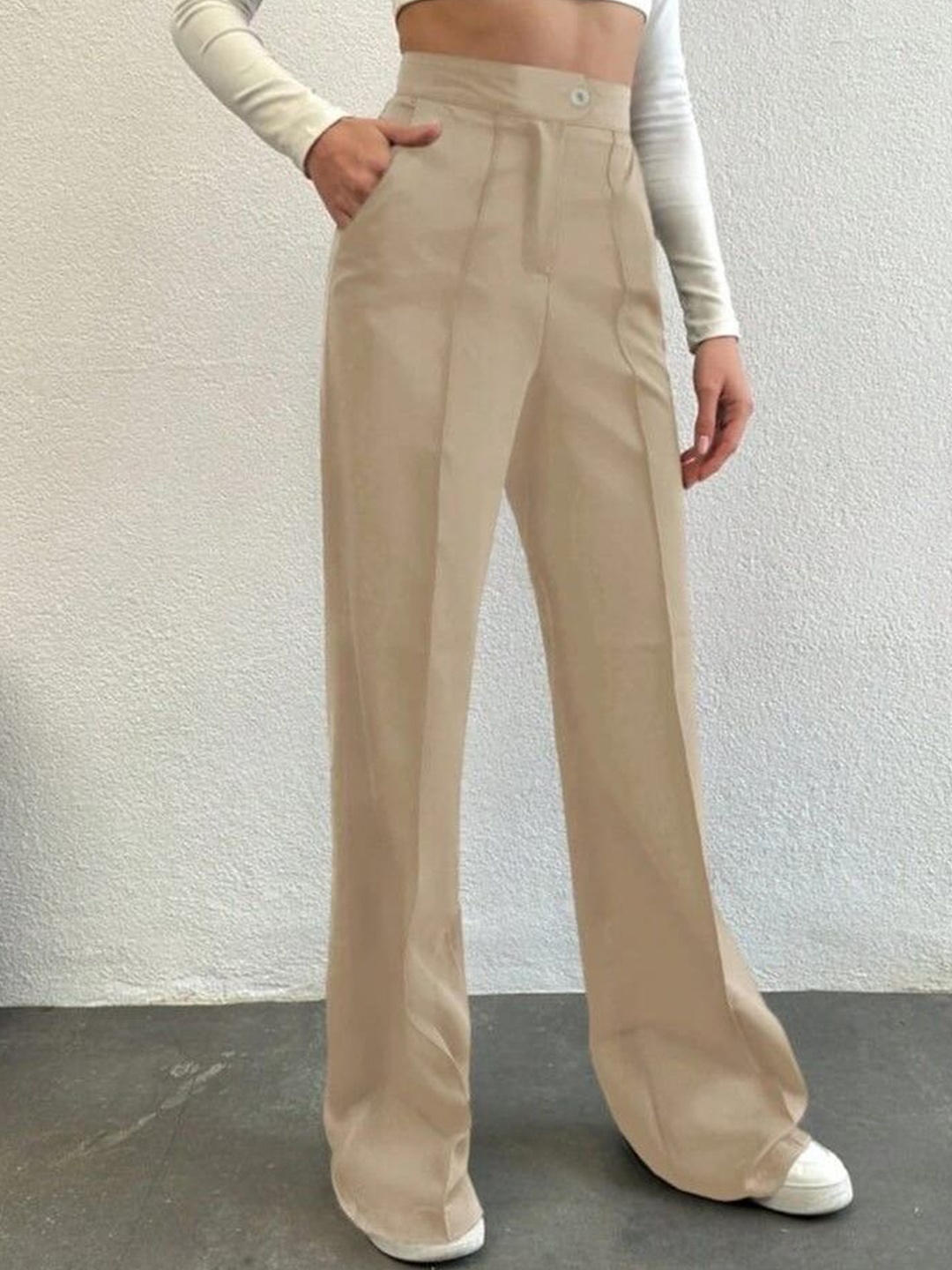 

BROADSTAR Women Smart Straight Fit High-Rise Easy Wash Pleated Trousers, Beige