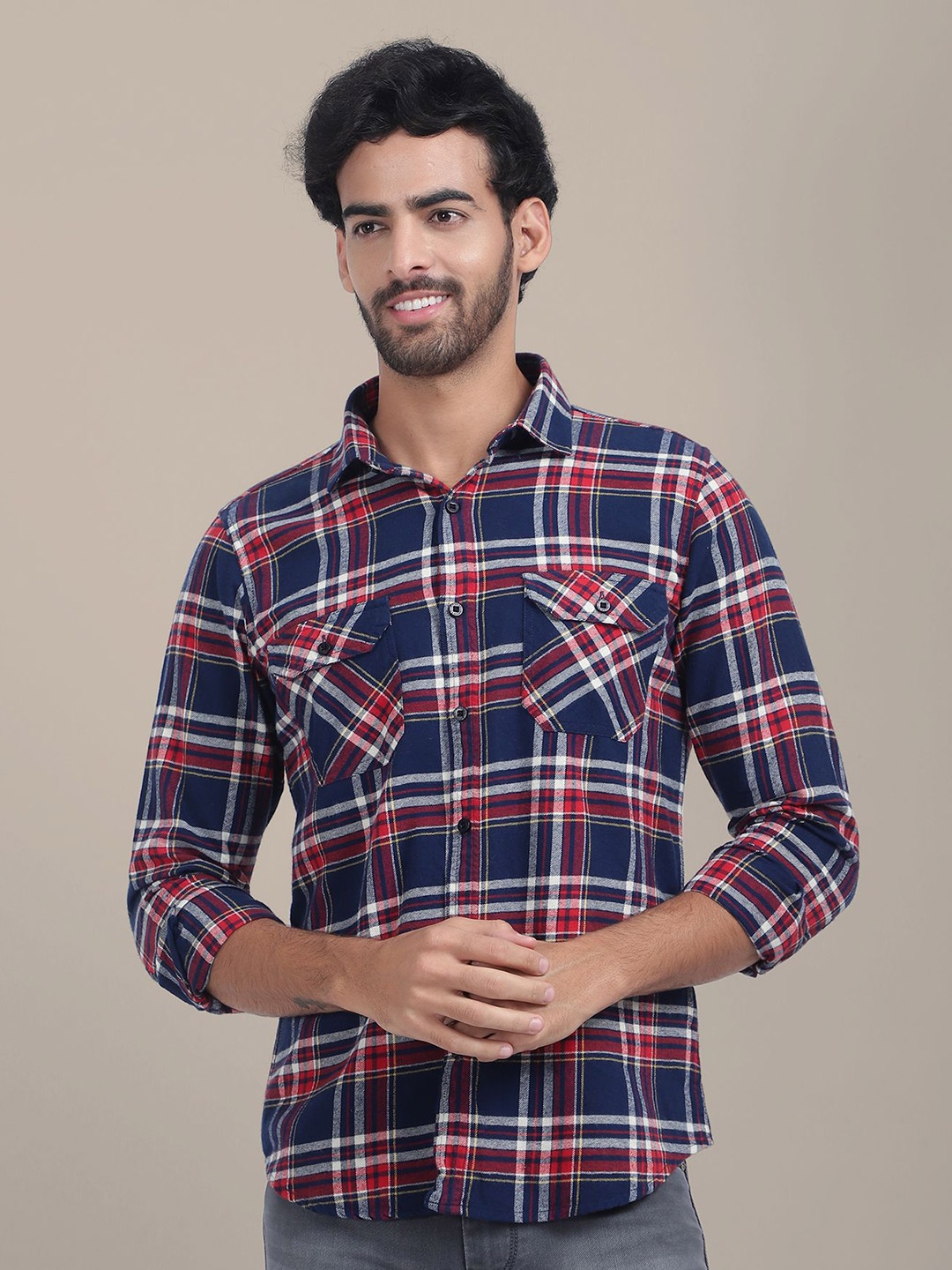 

AMSWAN Men Spread Collar Tartan Checked Cotton Casual Shirt, Navy blue