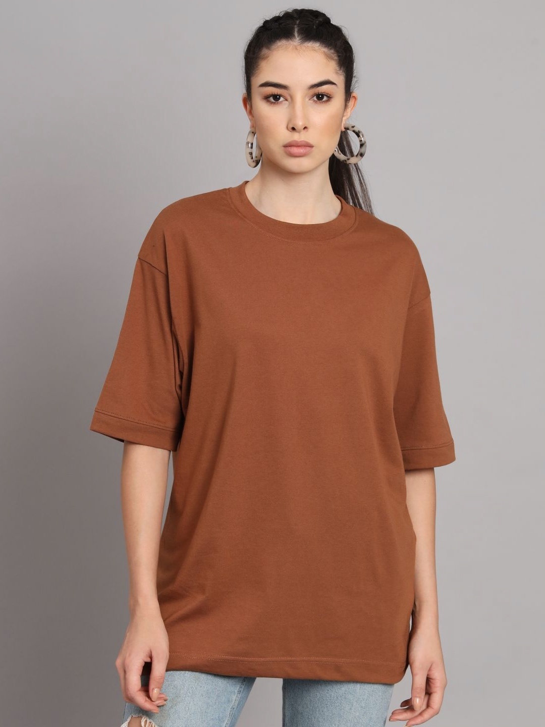 

Extoes Women Solid Round Neck Cotton Oversized T-shirt, Brown