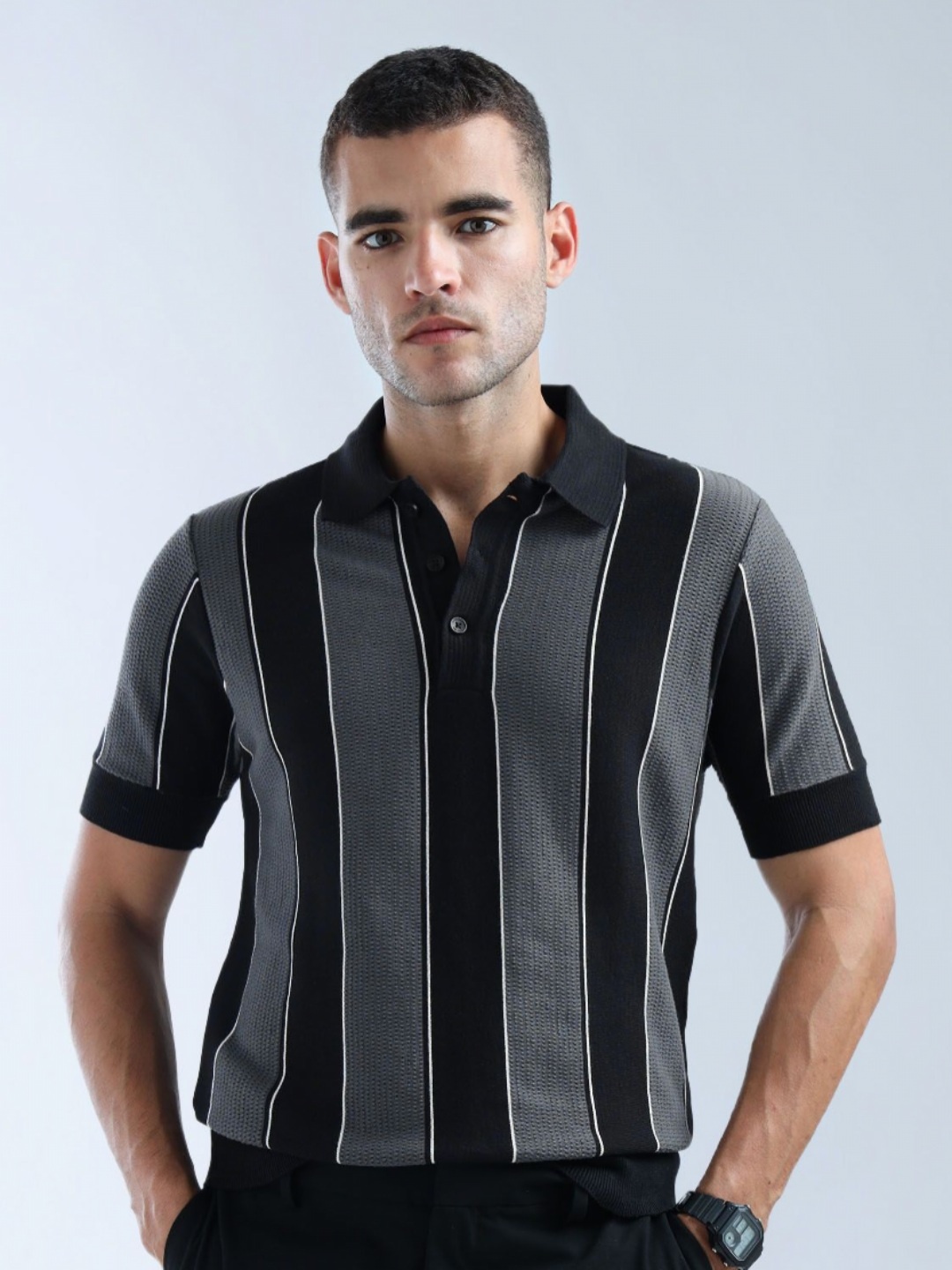 

Flying Machine Men Striped Polo Collar Cotton T-shirt, Black