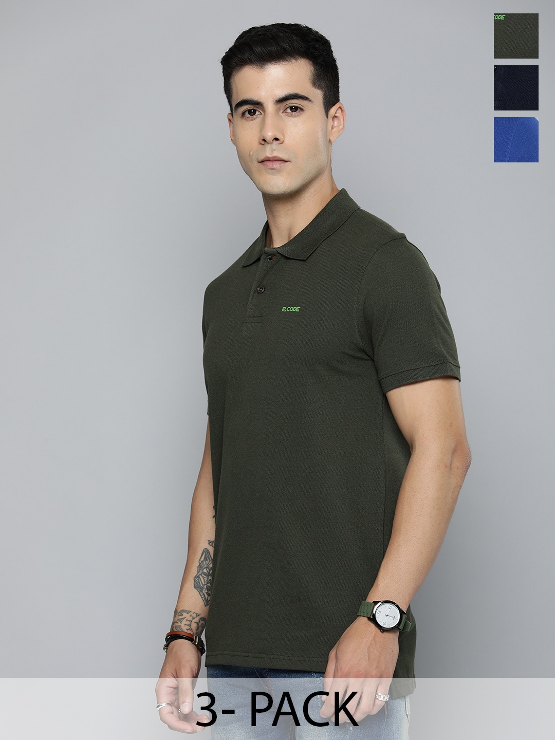 

R.Code by The Roadster Lifestyle Co. Men Regular Fit Pack Of 3 Solid Polo Cotton T-shirts, Green