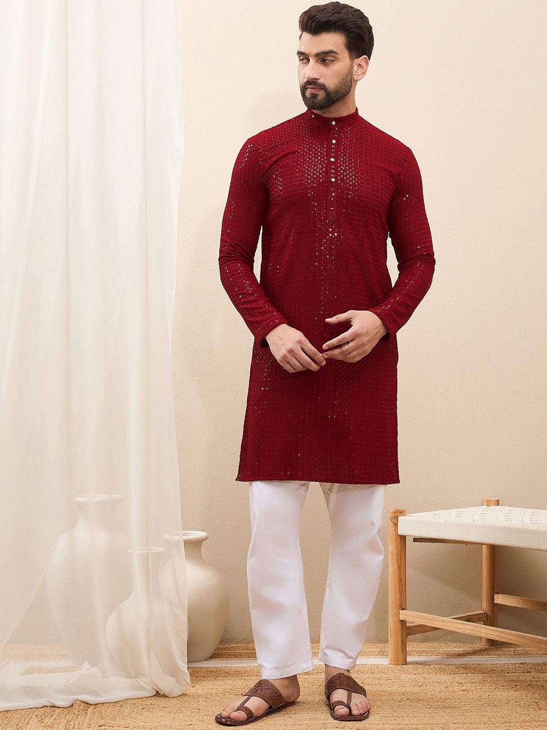 

House of Pataudi Geometric Embroidered Mirror Work Band Collar Straight Kurta, Maroon